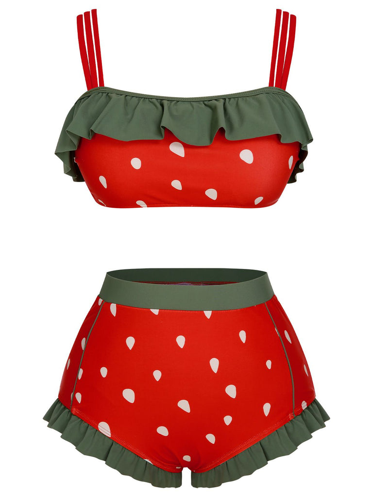 Maillot de bain rouge à bretelles à volants et fraises des années 1950