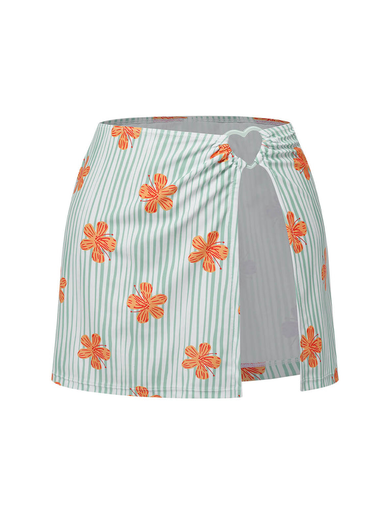 Jupe cache-maillot à rayures florales vert clair des années 1950