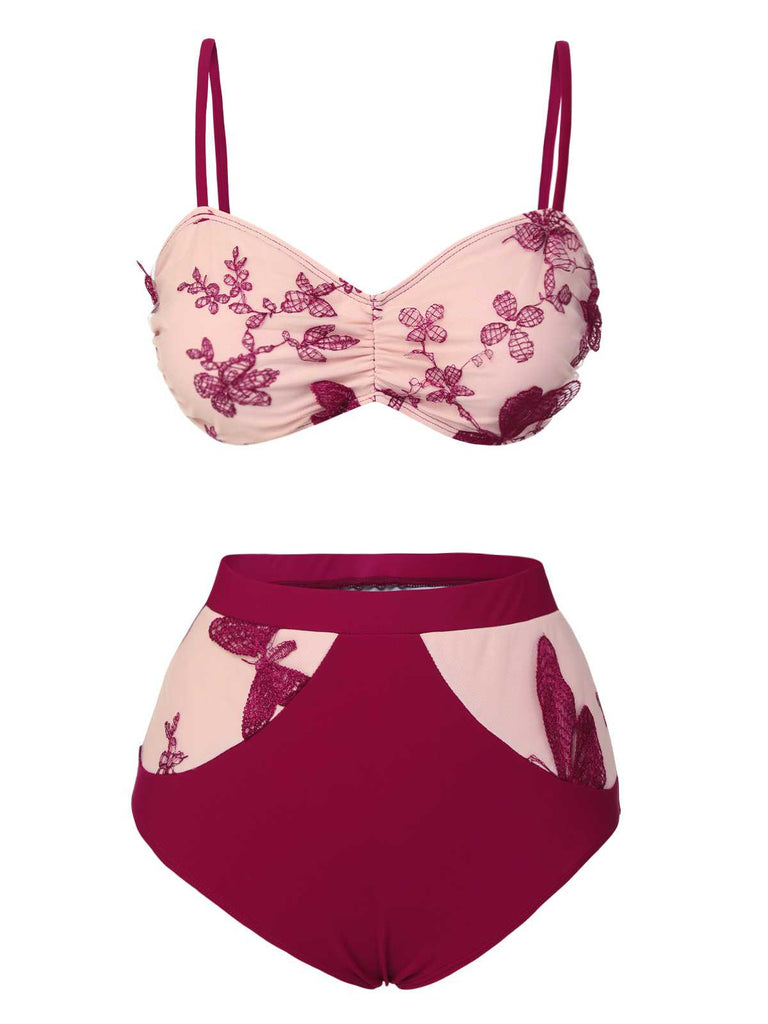 Maillot de bain transparent papillons bordeaux des années 1950