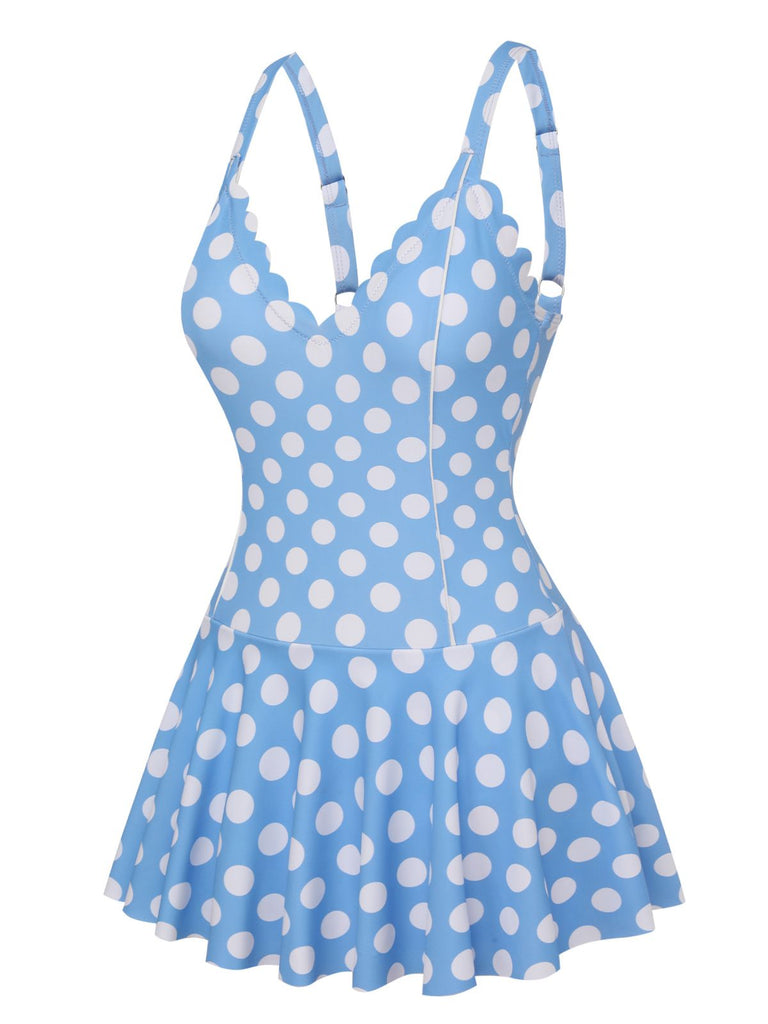 Maillot de bain bleu à pois et col pétale des années 1960