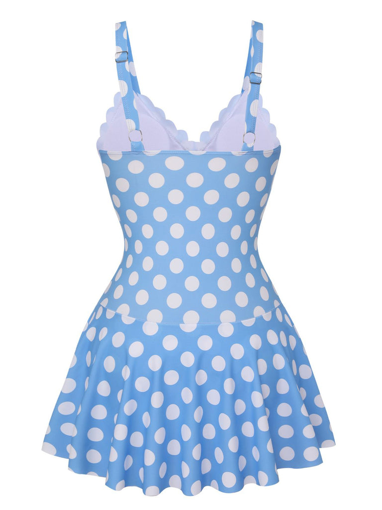 Maillot de bain bleu à pois et col pétale des années 1960