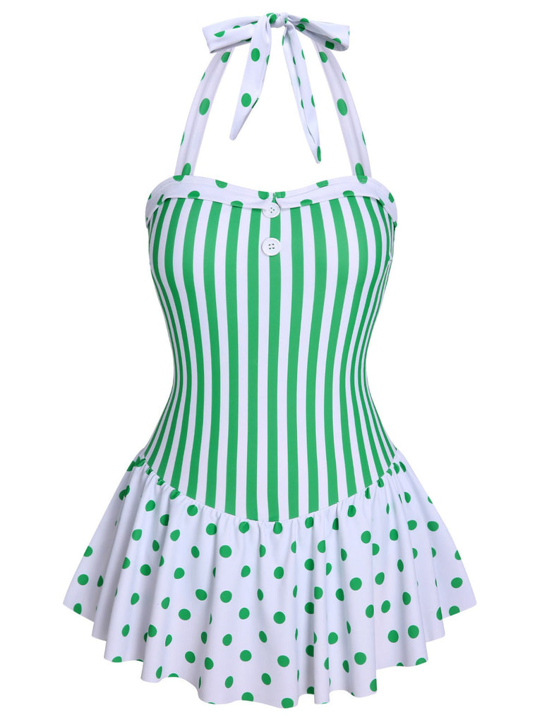 Maillot de bain dos nu vert à pois et rayures des années 1940