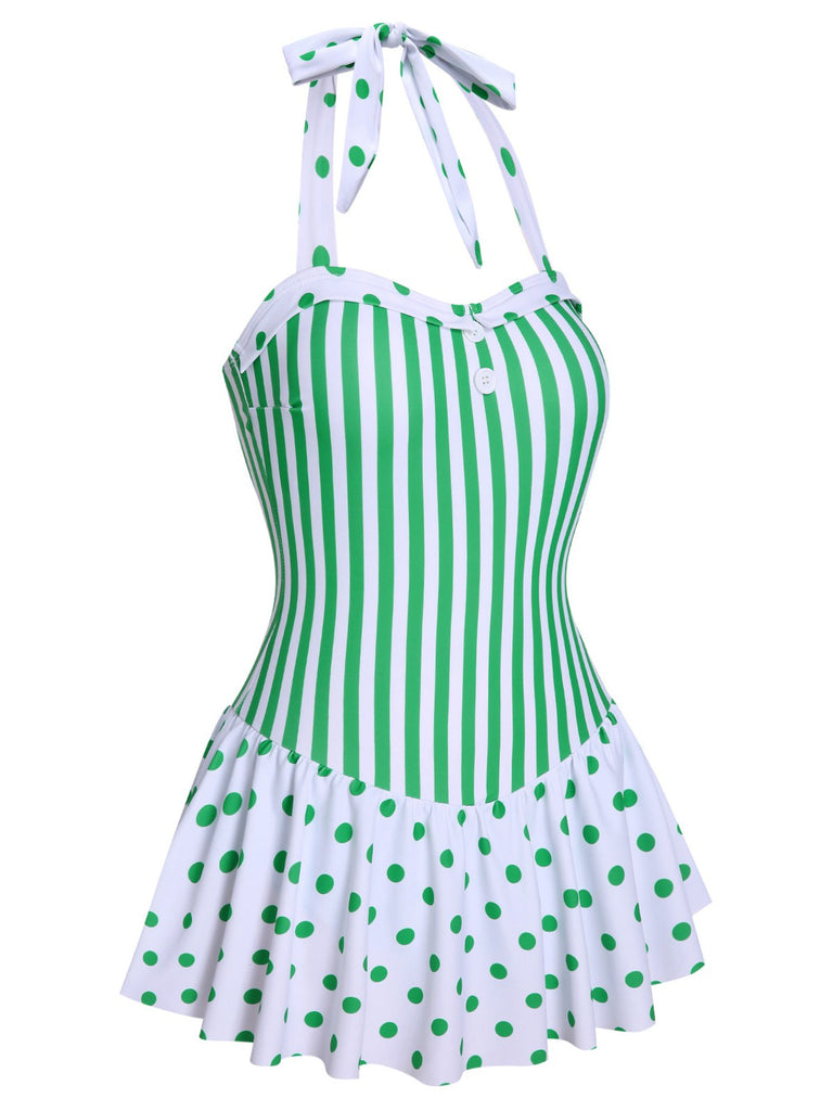 Maillot de bain dos nu vert à pois et rayures des années 1940