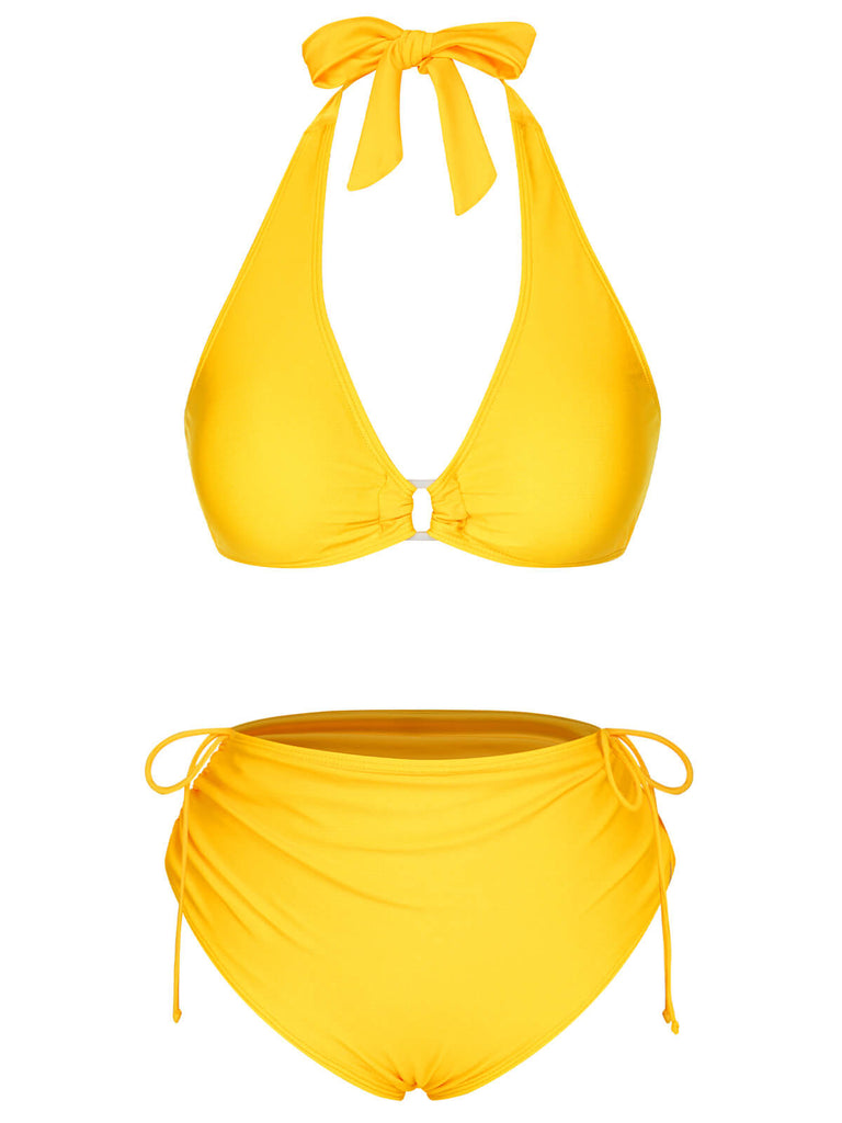 Ensemble de bikini dos nu à lacets jaune des années 1970