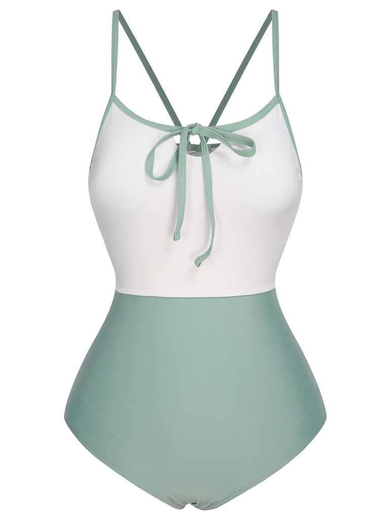 Maillot de bain à bretelles BowKnot contrasté des années 1950