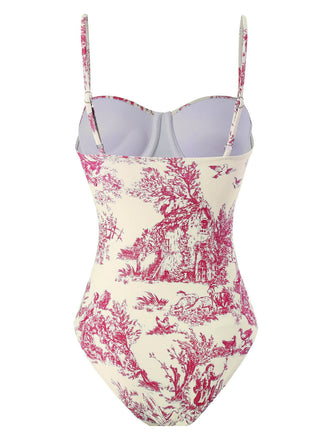 Maillot de bain une pièce rouge à bretelles fines florales à l'encre des années 1950
