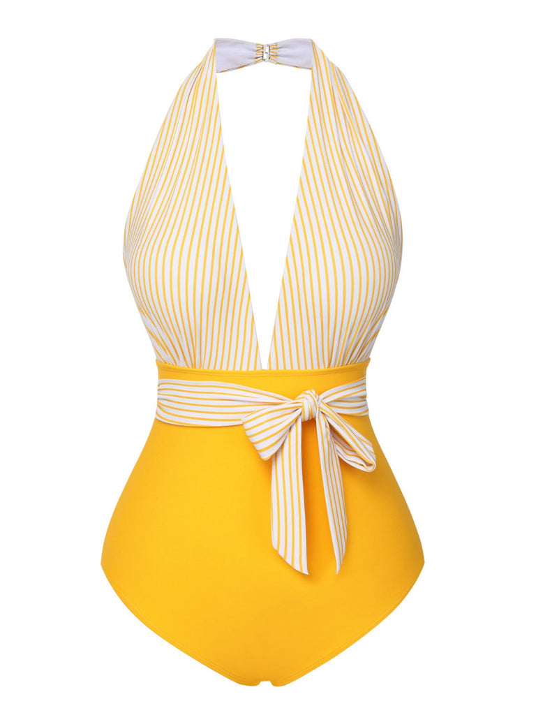 Maillot de bain patchwork rayé jaune années 1950