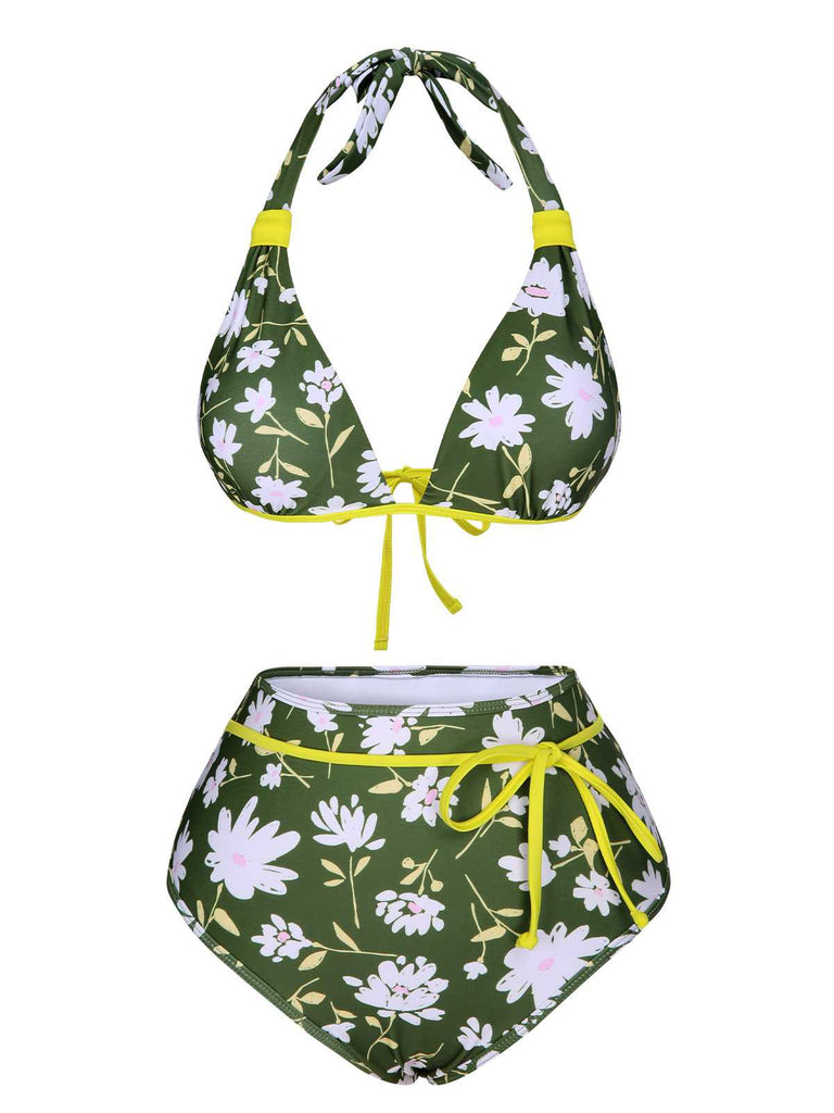 Maillot de bain floral vert foncé des années 1940 avec nœud dos nu