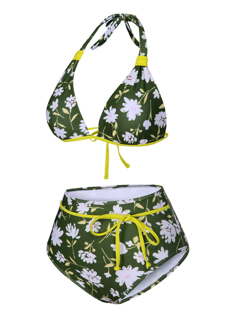 Maillot de bain floral vert foncé des années 1940 avec nœud dos nu