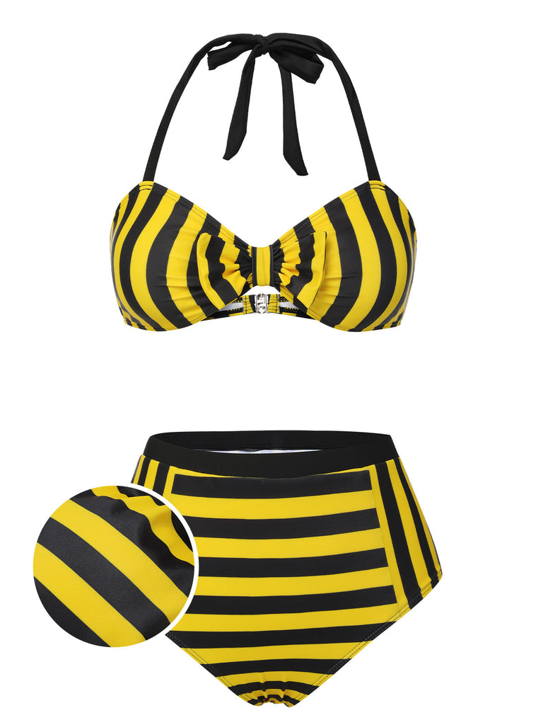 Maillot de bain dos nu à nœud rayé jaune et noir des années 1970