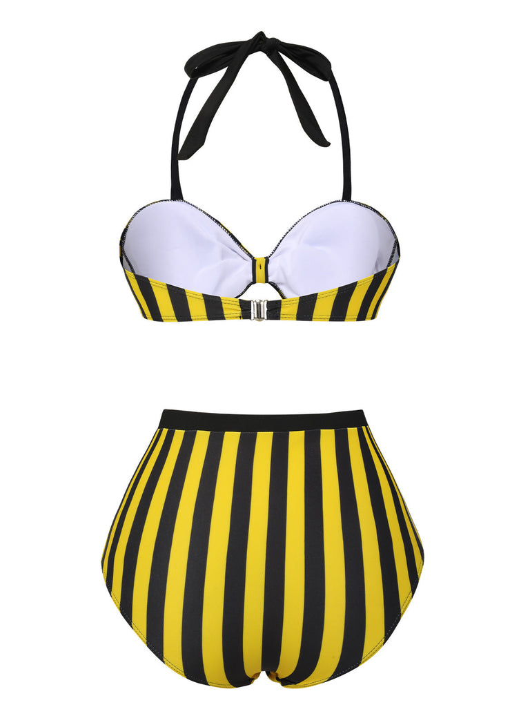 Maillot de bain dos nu à nœud rayé jaune et noir des années 1970