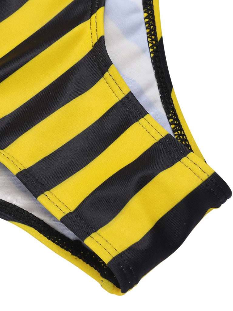 Maillot de bain dos nu à nœud rayé jaune et noir des années 1970