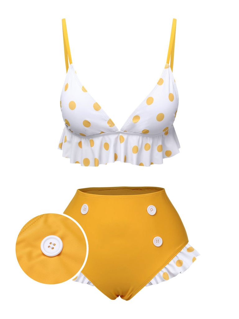 Maillot de bain à volants à pois jaune des années 40