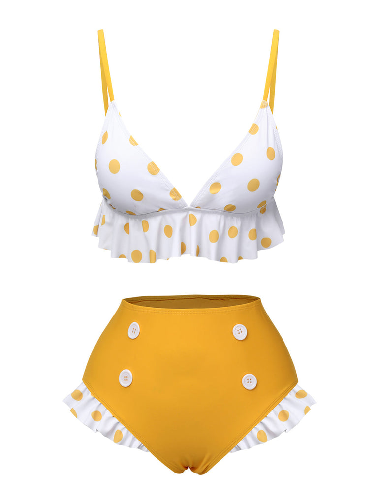 Maillot de bain à volants à pois jaune des années 40