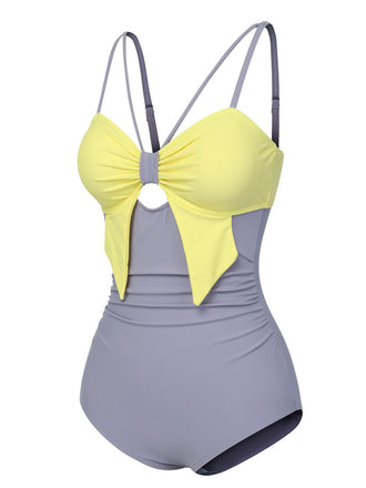 Maillot de bain violet et jaune avec nœud contrasté découpé des années 1950