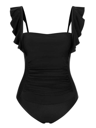 Maillot de bain une pièce uni dos nu à volants des années 1950