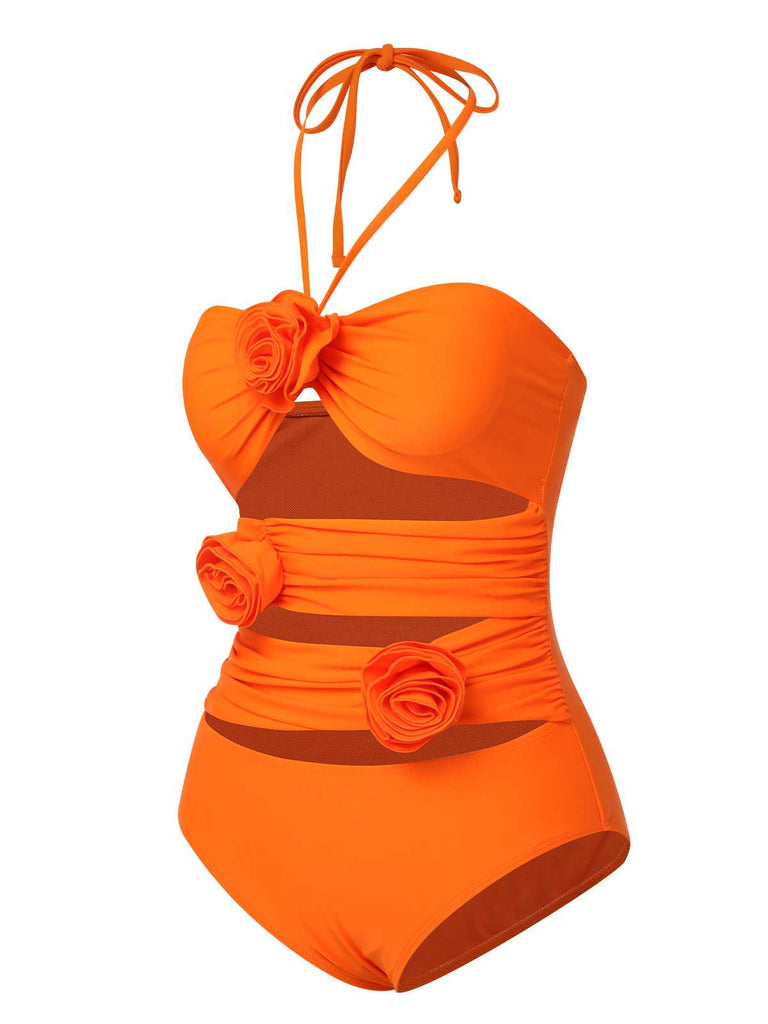 Maillot de bain une pièce orange rouge à fleurs 3D des années 1950