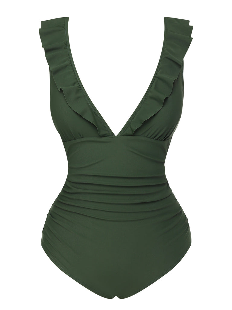 Maillot de bain vert armée des années 1950 à volants unis et col en V