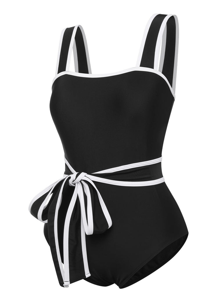 Maillot de bain une pièce noir et blanc à larges bretelles des années 1950