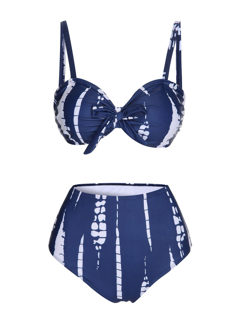 Maillot de bain et cache-maillot à bretelles graphiques teints bleu foncé des années 1960