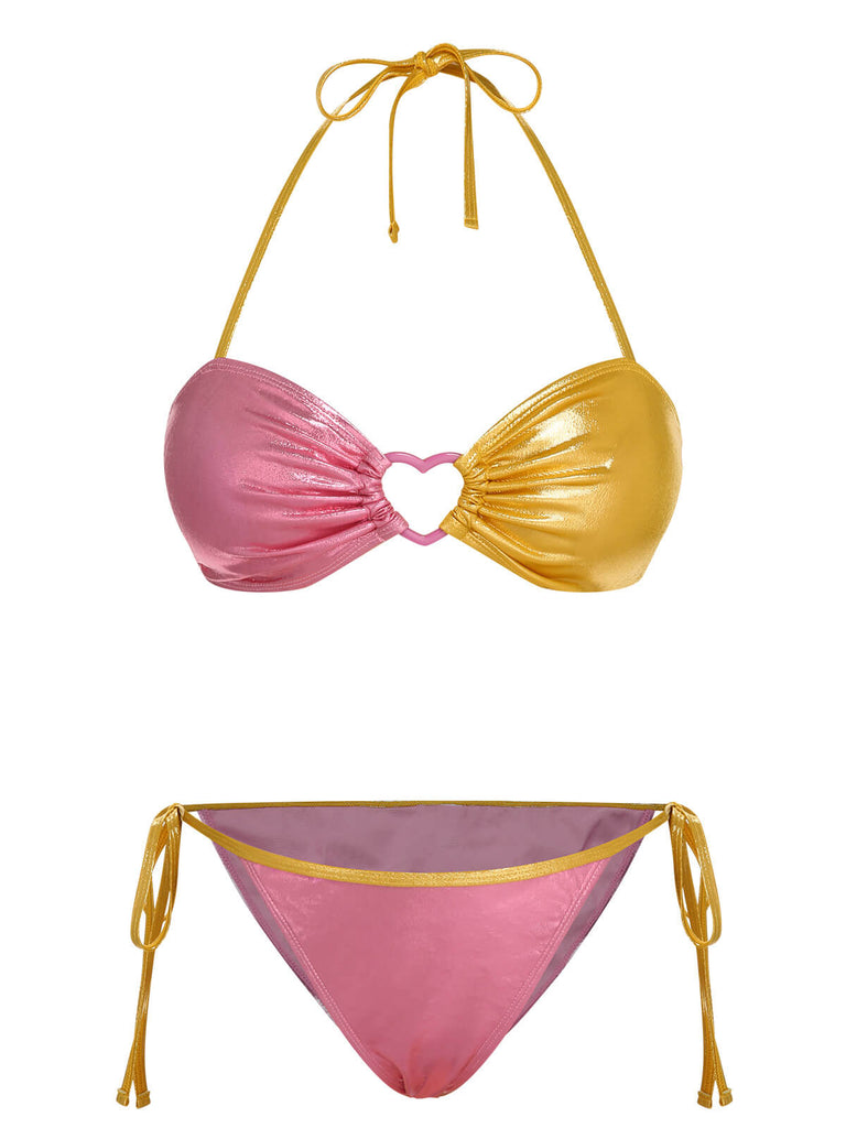 Ensemble de bikini à anneau coeur rose et jaune des années 1970