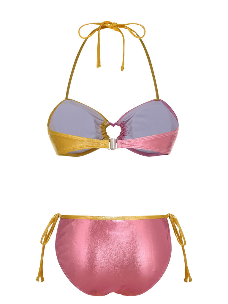 Ensemble de bikini à anneau coeur rose et jaune des années 1970