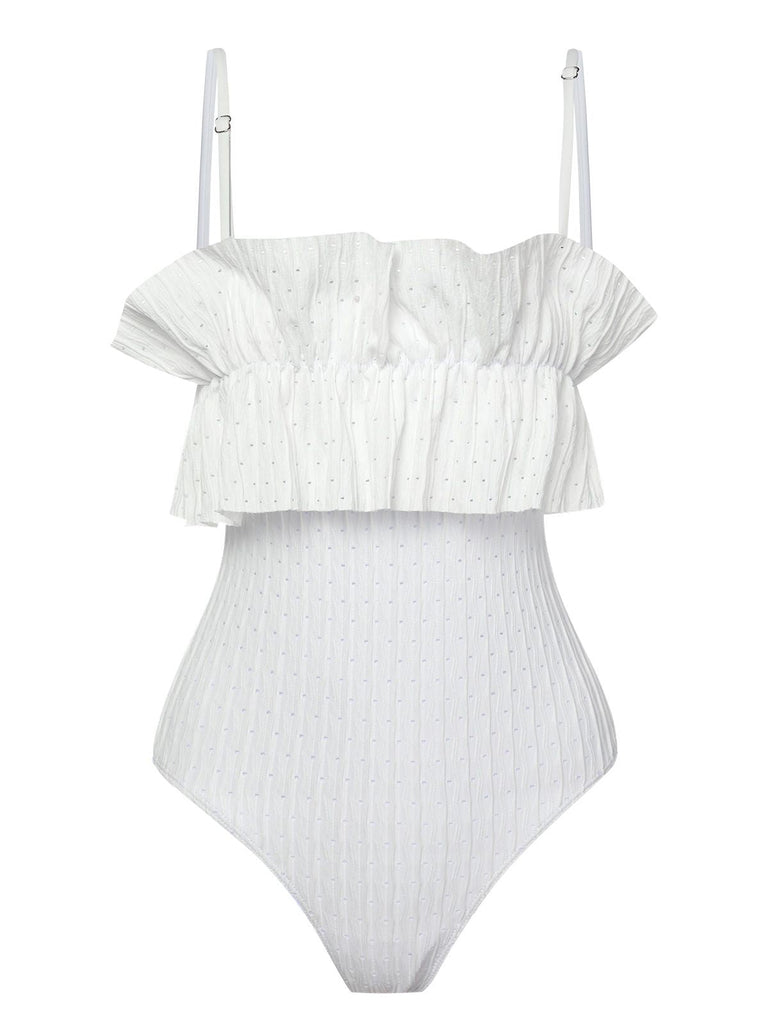 Maillot de bain bandeau blanc à volants unis des années 1970