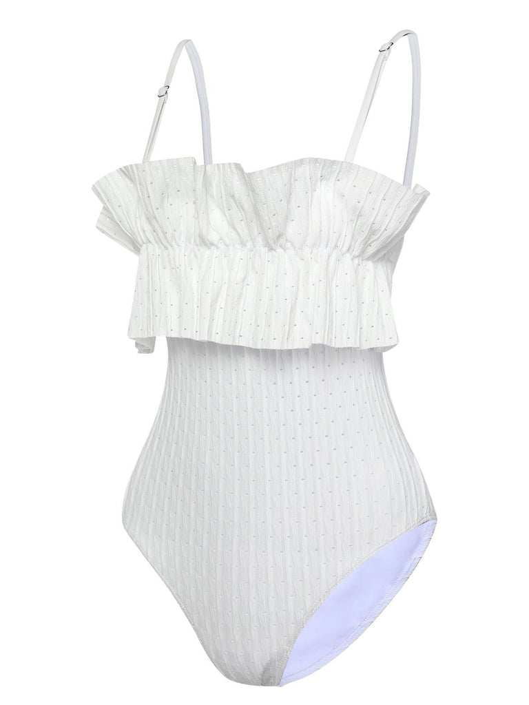 Maillot de bain bandeau blanc à volants unis des années 1970