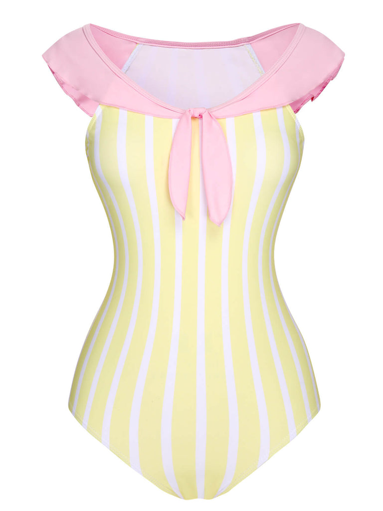 Maillot de bain une pièce à rayures jaune et rose des années 1940