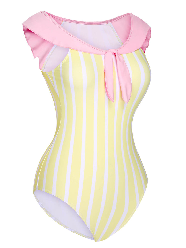 Maillot de bain une pièce à rayures jaune et rose des années 1940