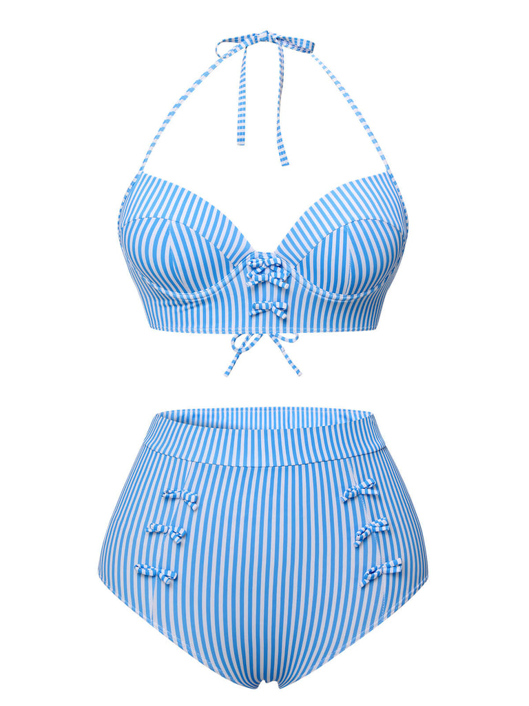 Maillot de bain bleu à rayures avec nœud dos nu des années 1950