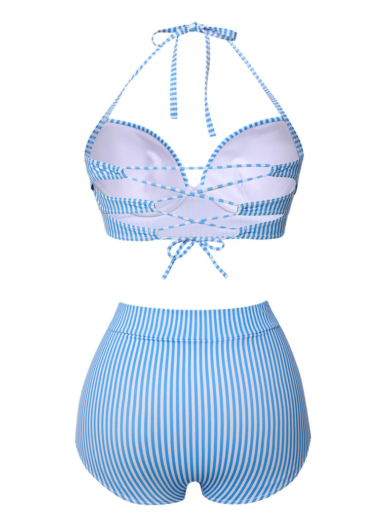 Maillot de bain bleu à rayures avec nœud dos nu des années 1950