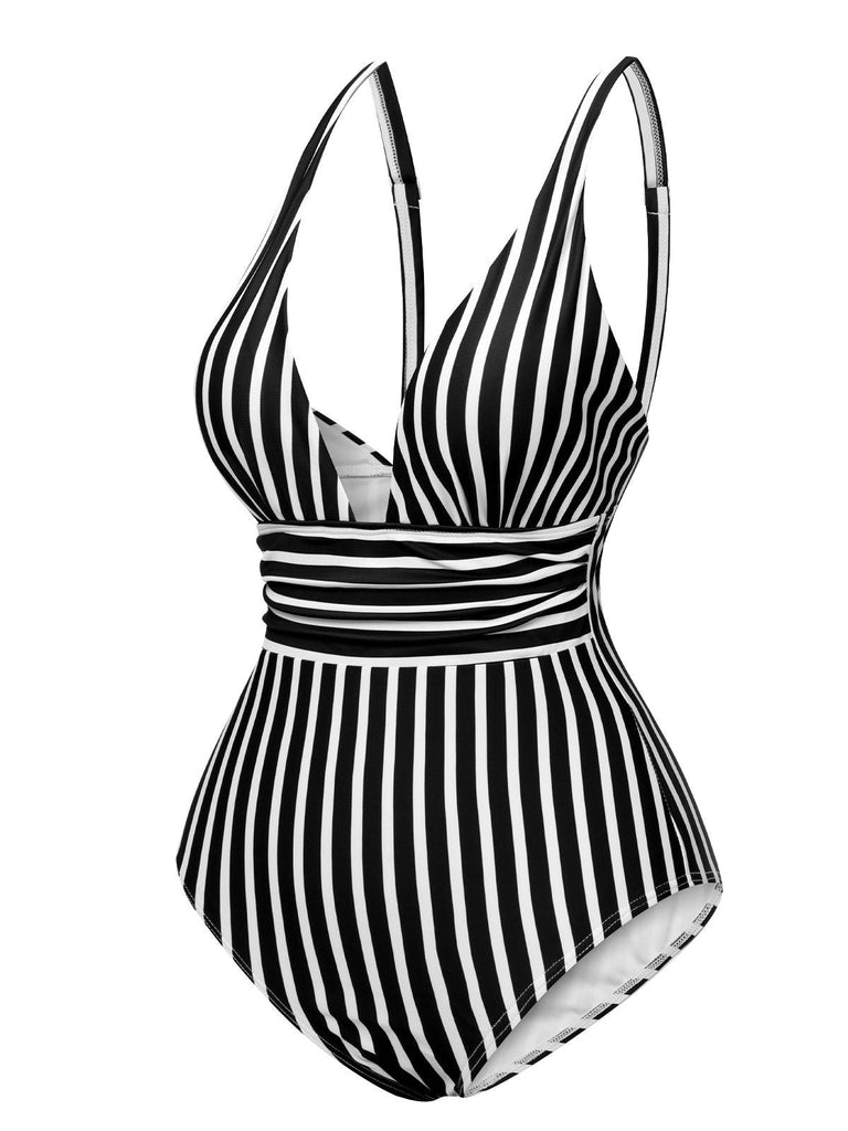 Maillot de bain une pièce à rayures et bretelles spaghetti des années 1950