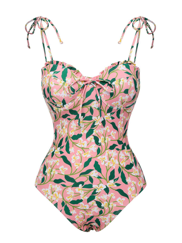 Maillot de bain rose à imprimé plantes et bretelles spaghetti des années 1950