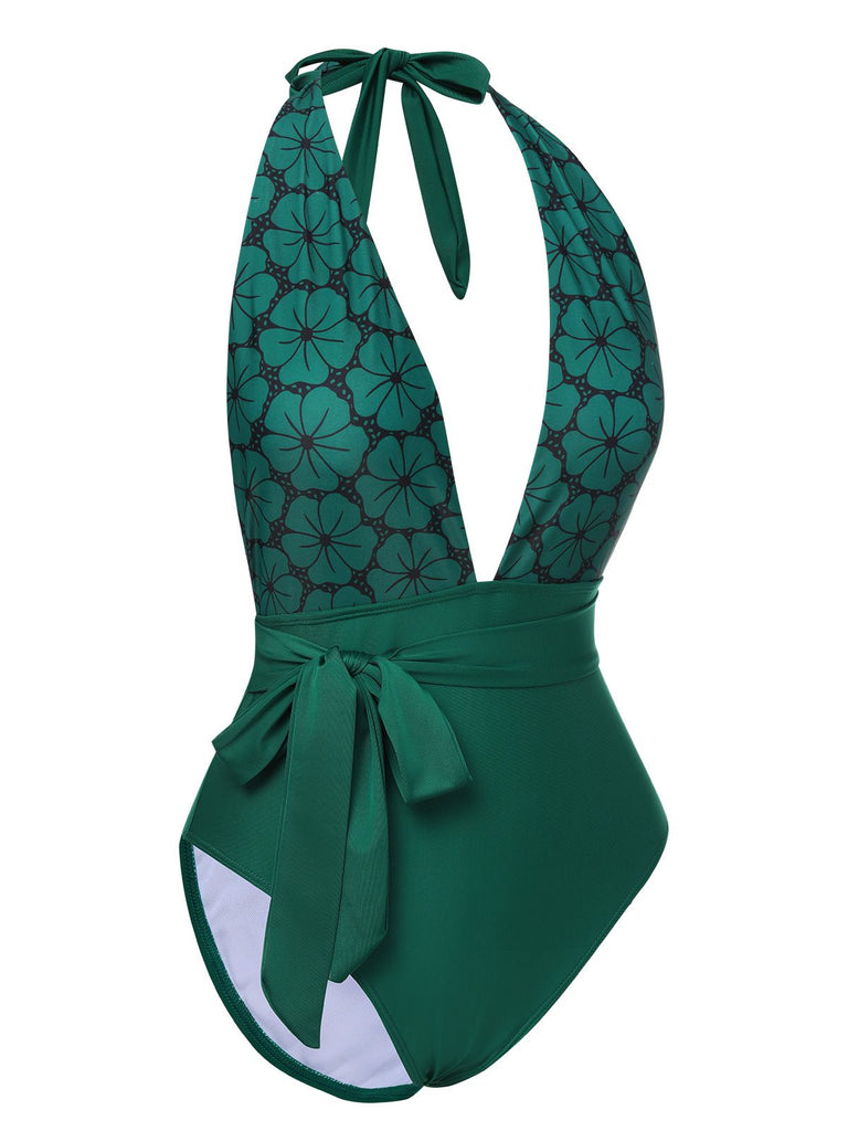 Maillot de bain dos nu vert à col en V profond et floral des années 1940