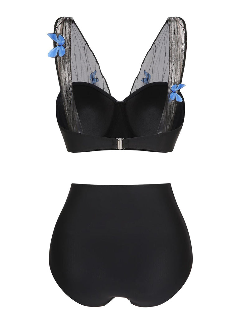 Maillot de bain plissé en maille papillon 3D noir des années 1960