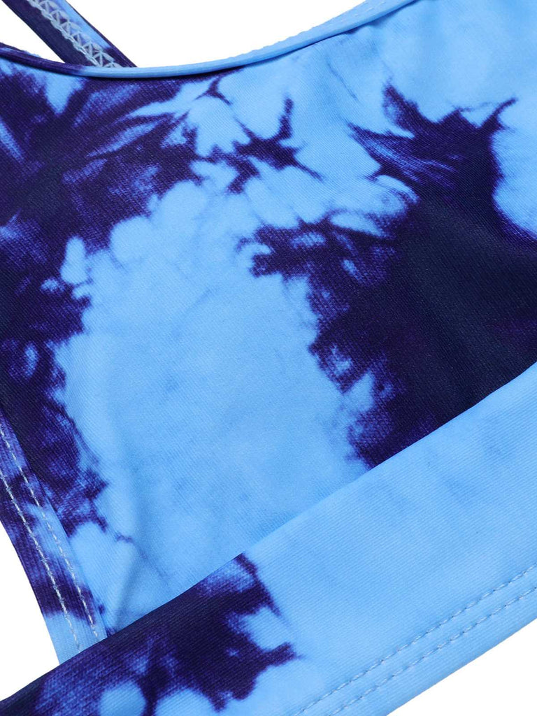 Maillot de bain bleu à bretelles spaghetti tie-dye des années 1950