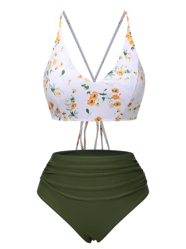 Maillot de bain floral vert à bretelles spaghetti des années 1950