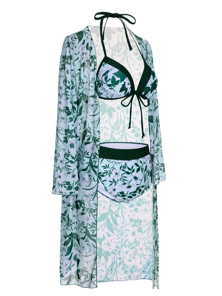 Maillot de bain et cache-maillot vert à imprimé végétal des années 1950