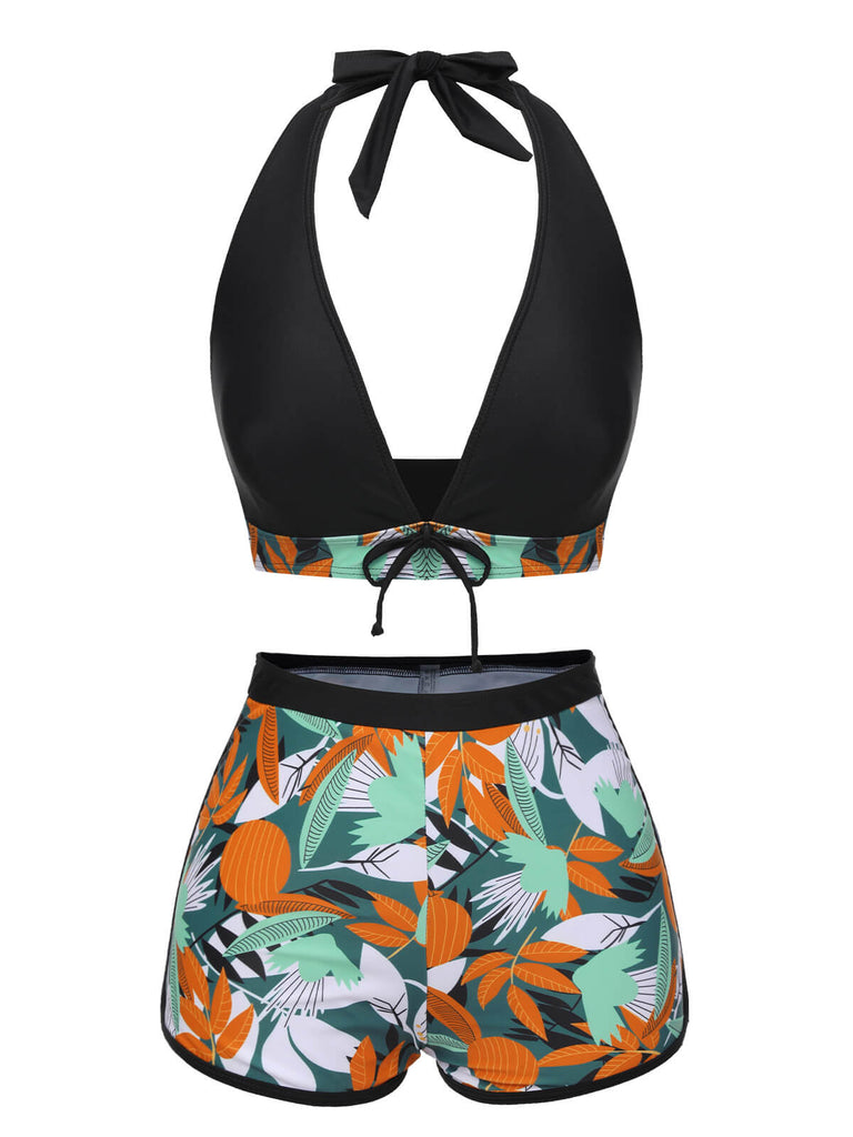 Ensemble de bikini noir à col en V et silhouette de plantes des années 1950