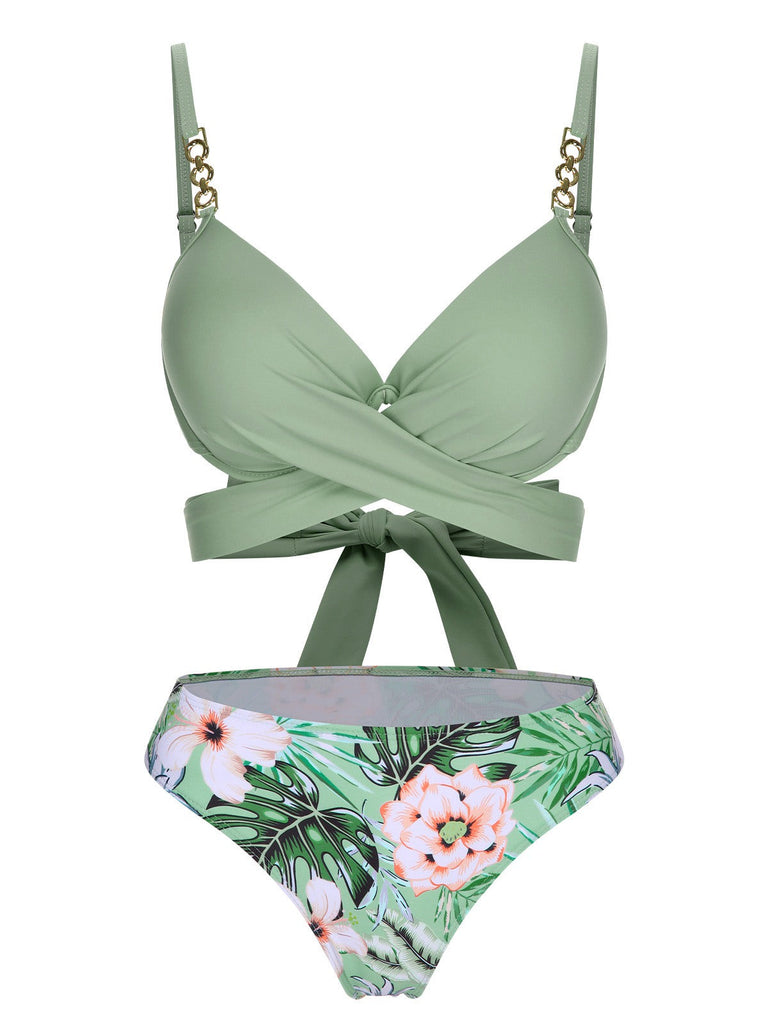 2PCS Maillot de bain et cache-maillot tropical Lake Green des années 1950