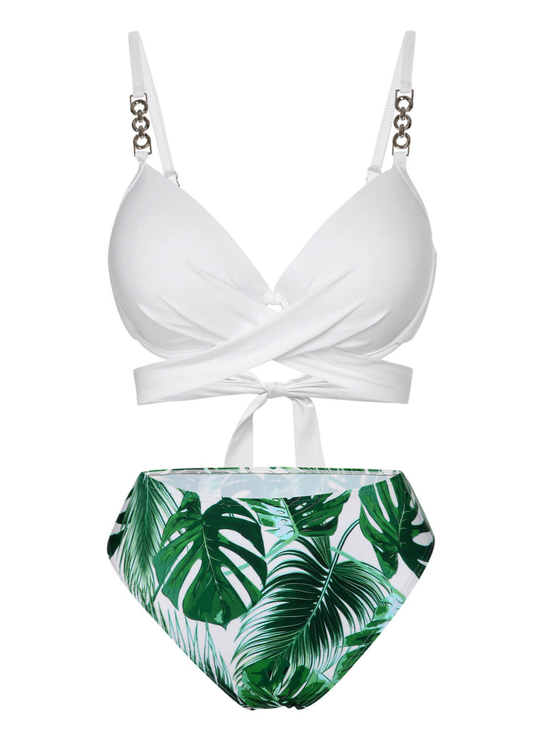 Maillot de bain tropical blanc et vert des années 1950 avec cache-maillot