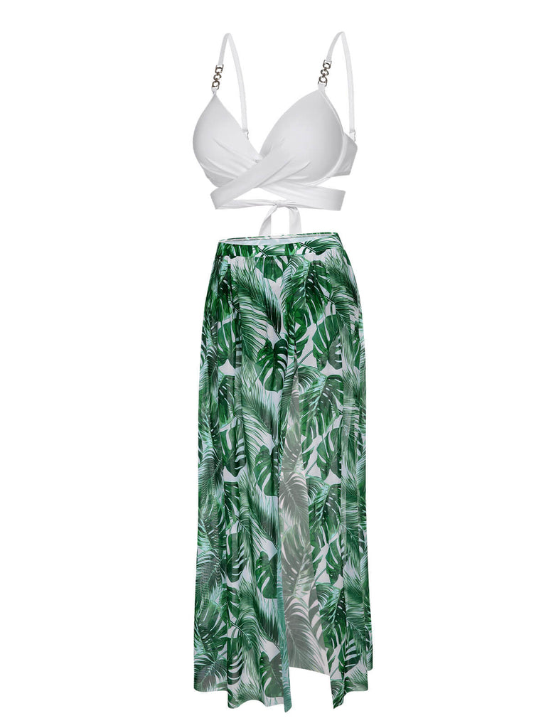 Maillot de bain tropical blanc et vert des années 1950 avec cache-maillot