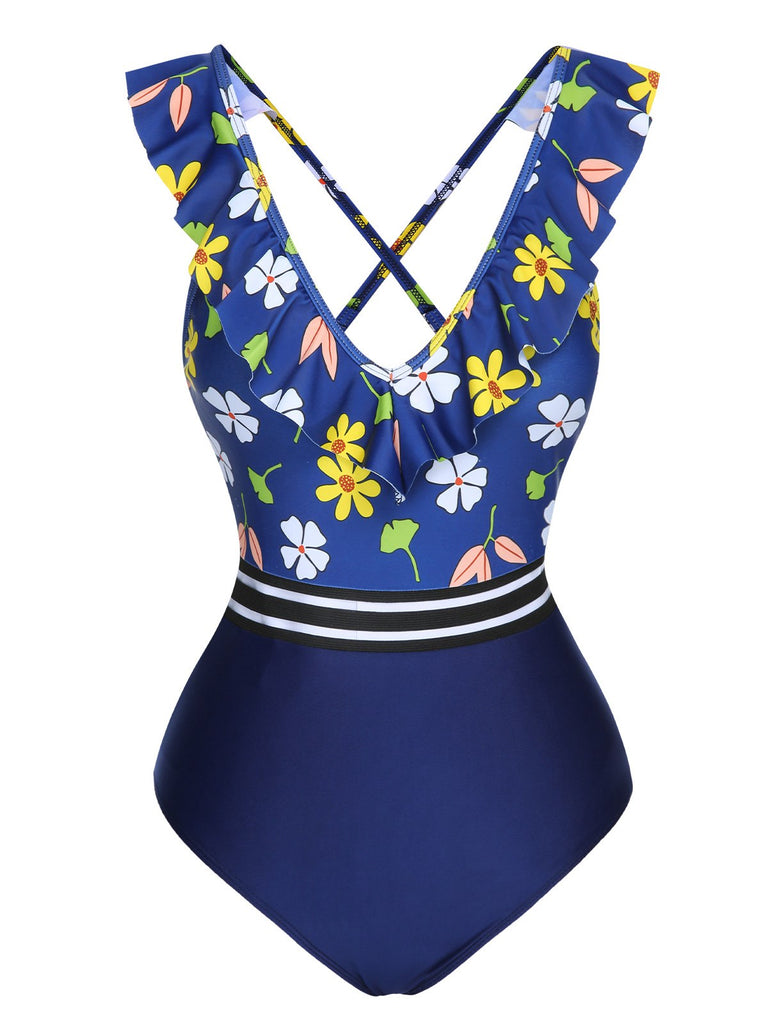 Maillot de bain une pièce patchwork de fleurs bleu années 1970