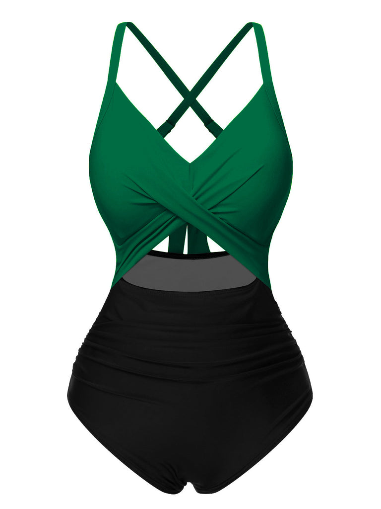 [Pré-vente] Maillot de bain patchwork taille creuse vert et noir des années 1940