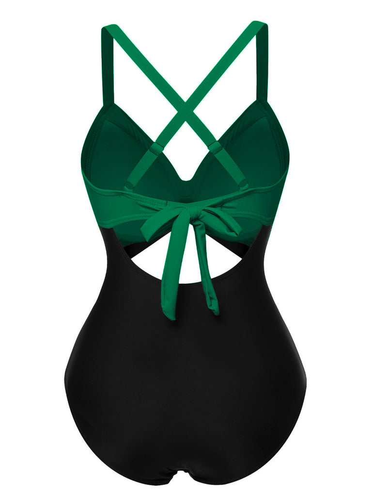 [Pré-vente] Maillot de bain patchwork taille creuse vert et noir des années 1940