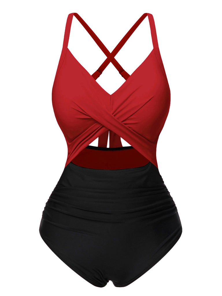 Maillot de bain patchwork taille creuse rose et noir des années 1940