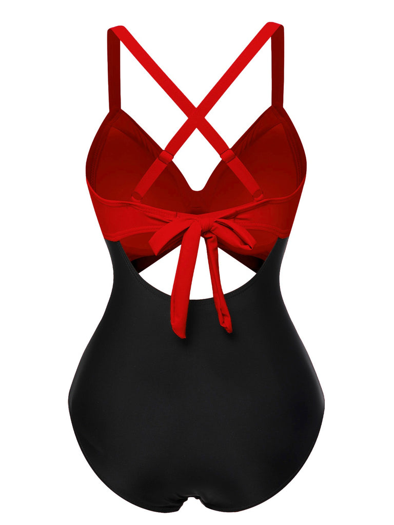 Maillot de bain patchwork taille creuse rose et noir des années 1940