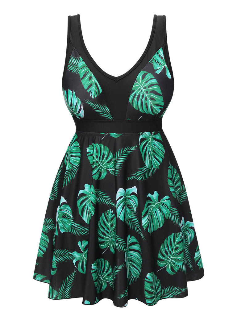 Maillot de bain à jupe tropicale noir et vert des années 1950