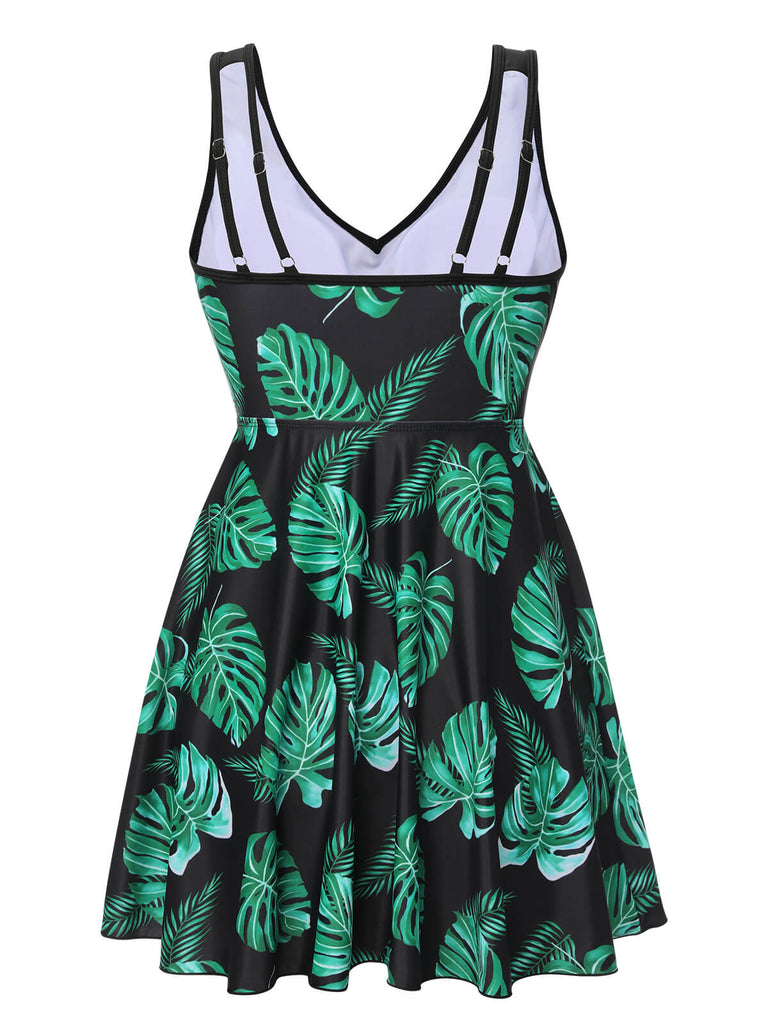 Maillot de bain à jupe tropicale noir et vert des années 1950